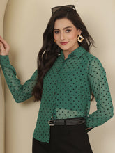 Smart Polka Dot Flocking Sheer Casual Green Shirt