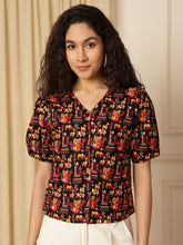 Mraoon Tribal Print Puff Sleeve Cotton Shirt Style Top