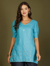Mirror Work Puff Short Sleeves Kurti (Turquoise)