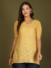 Mirror Work Puff Short Sleeves Kurti (Beige)
