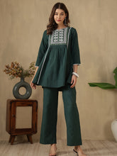 Green Embroidered Peplum Style Khadi Co-ord Set