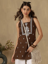 Coffee Brown Ethnic Motifs Embroidered Square Neck Kurti