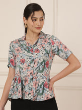 Floral Printed Shirt Collar Peplum Top
