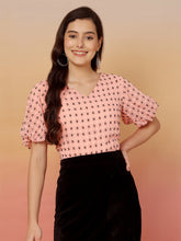 Polka Dot Baloon Sleeves Peach Regular Top