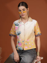 Mustard Digital Printed Spread Collar Crop Shirt