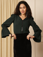 Green Puff Sleeves Solid Blouson Top