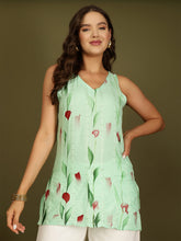 Hand Painted V-Neck Sequinned Straight Kurti (Lime Green)