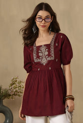 Embroidered Puff Sleeve Peplum Top ( Maroon)