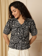 Black Warli Print Puff Sleeve Cotton Shirt Style Top