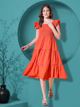 Orange Flutter Sleeve Crepe A-Line Midi Dress