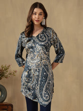 Teal Paisley Printed V-Neck Asymmetric Hem Kurti