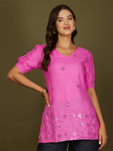 Mirror Work Puff Short Sleeves Kurti (Fuchsia)