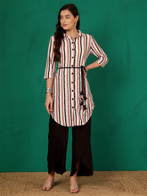 Tan Mandarin Collar Striped Sheer Tunic