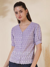 Embroidered V-Neck Puff Sleeve Chikankari Top