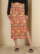 Mustard Abstract Printed Straight Midi Skirt