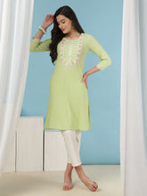 Mirror Work Khadi Handloom Kurta Lime Green