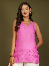 Mirror Work Sleeveless Kurti (Fuchsia)