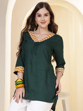 Green V-Neck Thread Work High-Low Kurti