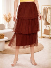 Layered Midi Net Skirt - Coffee Color