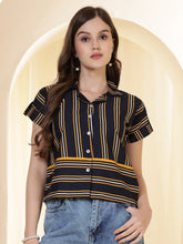 Navy Blue Striped Spread Collar Crop Shirt