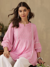 Embroidered Puff Sleeves Peplum Top ( Pink )