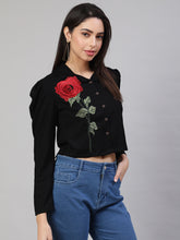 Applique Puff Sleeves Shirt Collar Top