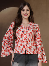 Floral Print Flare Sleeves Front Open Top (Peach)