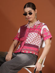 Cream Digital Printed Spread Collar Crop Shirt