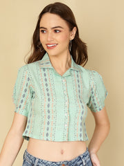 Weaving Design Sea Green Shirt Style Handloom  Top