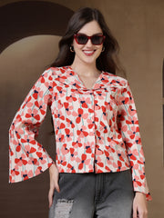 Floral Print Flare Sleeves Front Open Top (Peach)