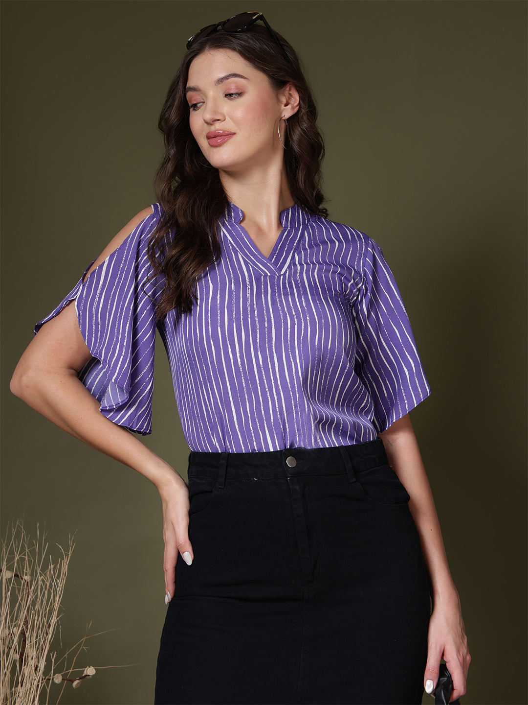 Striped Cold-Shoulder Crepe Top