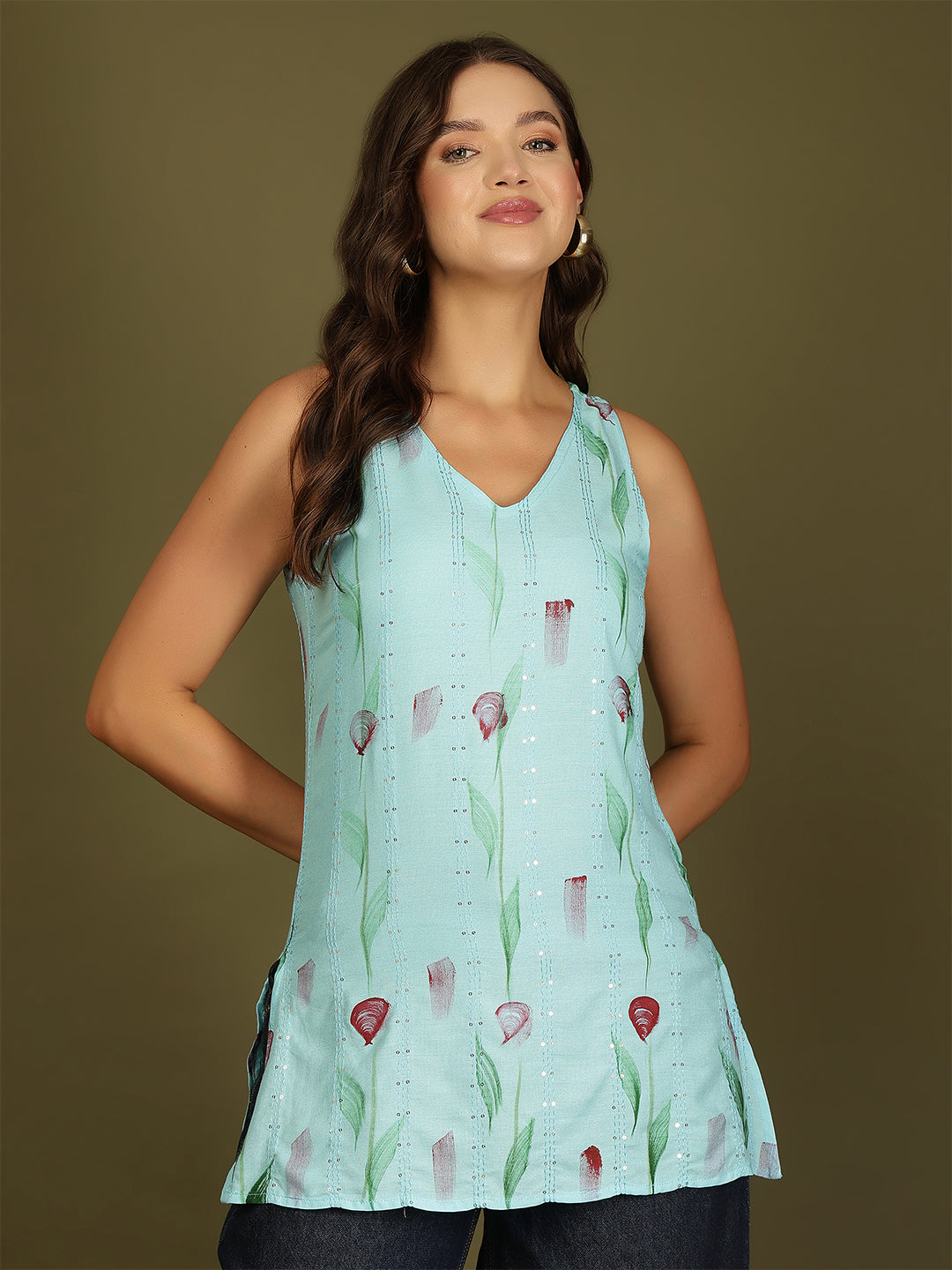 Hand Painted V-Neck Sequinned Straight Kurti by Akimia