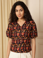 Maroon Tribal Print Puff Sleeve Cotton Shirt Style Top