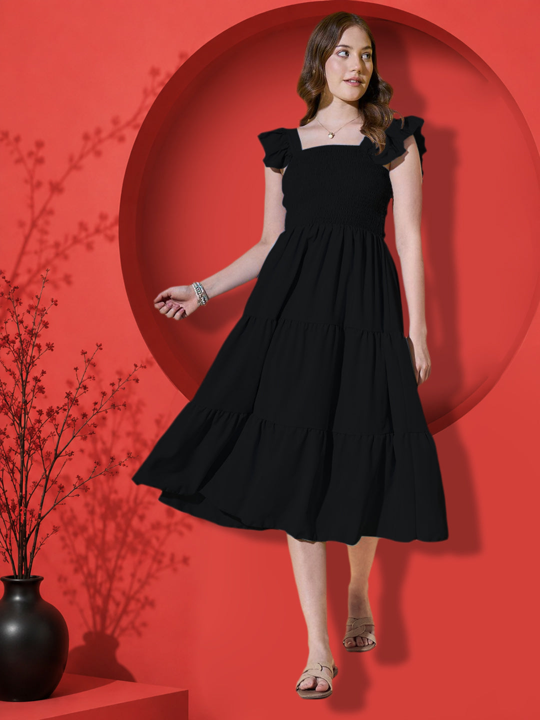 Flutter Sleeve Crepe A-Line Midi Dress