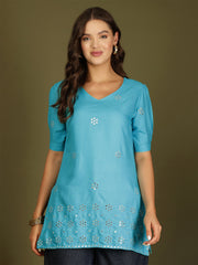 Mirror Work Puff Short Sleeves Kurti (Turquoise)