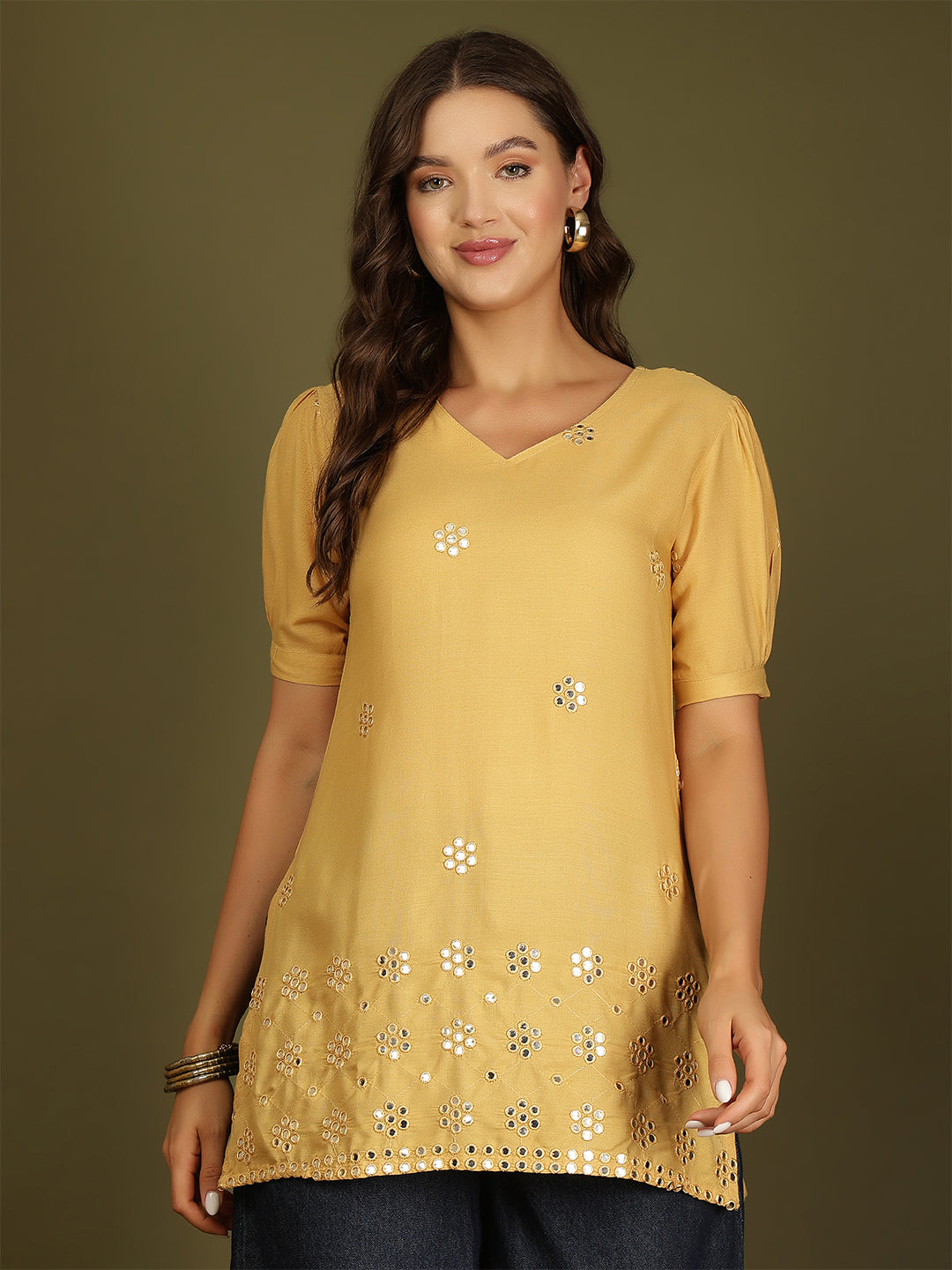 Mirror Work Puff Short Sleeves Kurti (Beige)