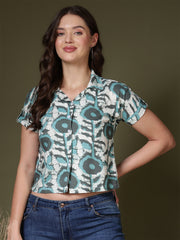 Dynamic Sea Green Print Shirt Style Top
