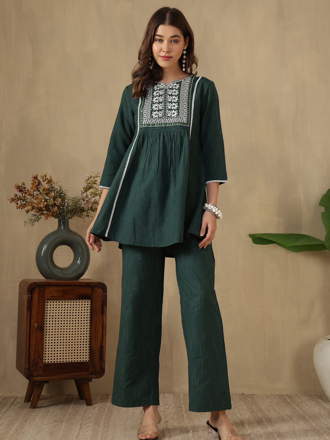 Green Embroidered Peplum Style Khadi Co-ord Set