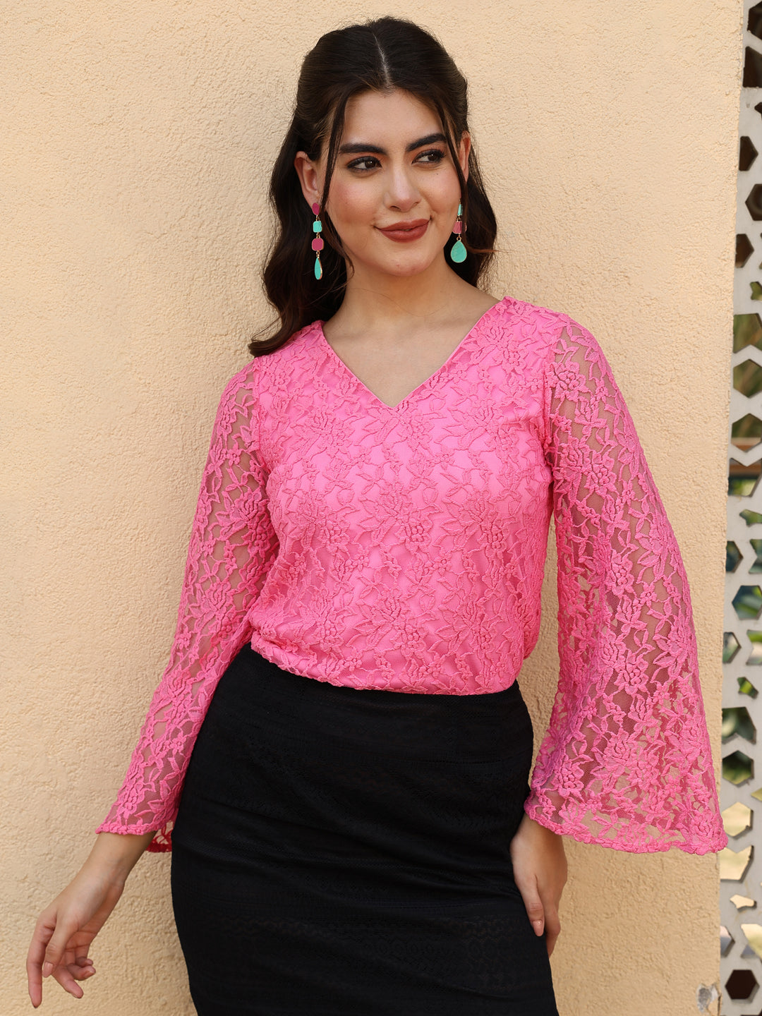 Floral Flared Sleeve Lace Blouson Fuchsia Top