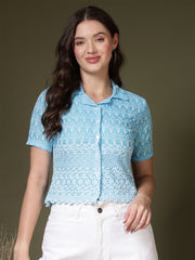 Embroidered Schiffli Shirt Style Crop Top – Blue & White