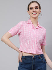 Floral Embroidered Pink  Shirt Style Top