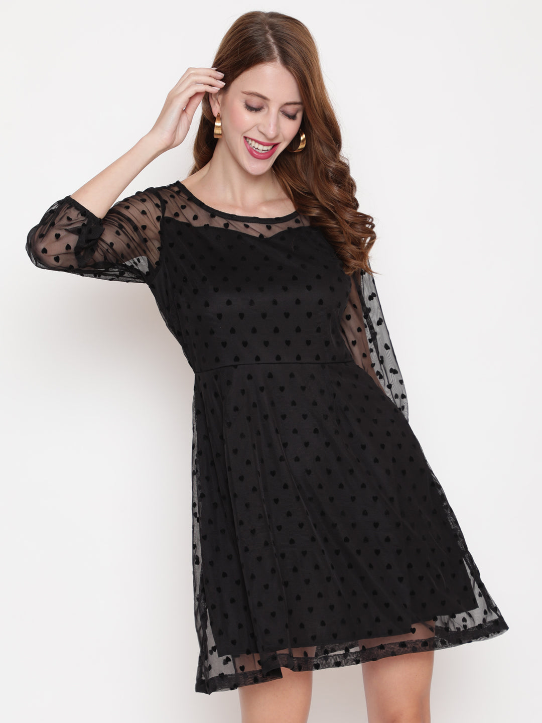 Black Flocking Fit & Flare Net Dress