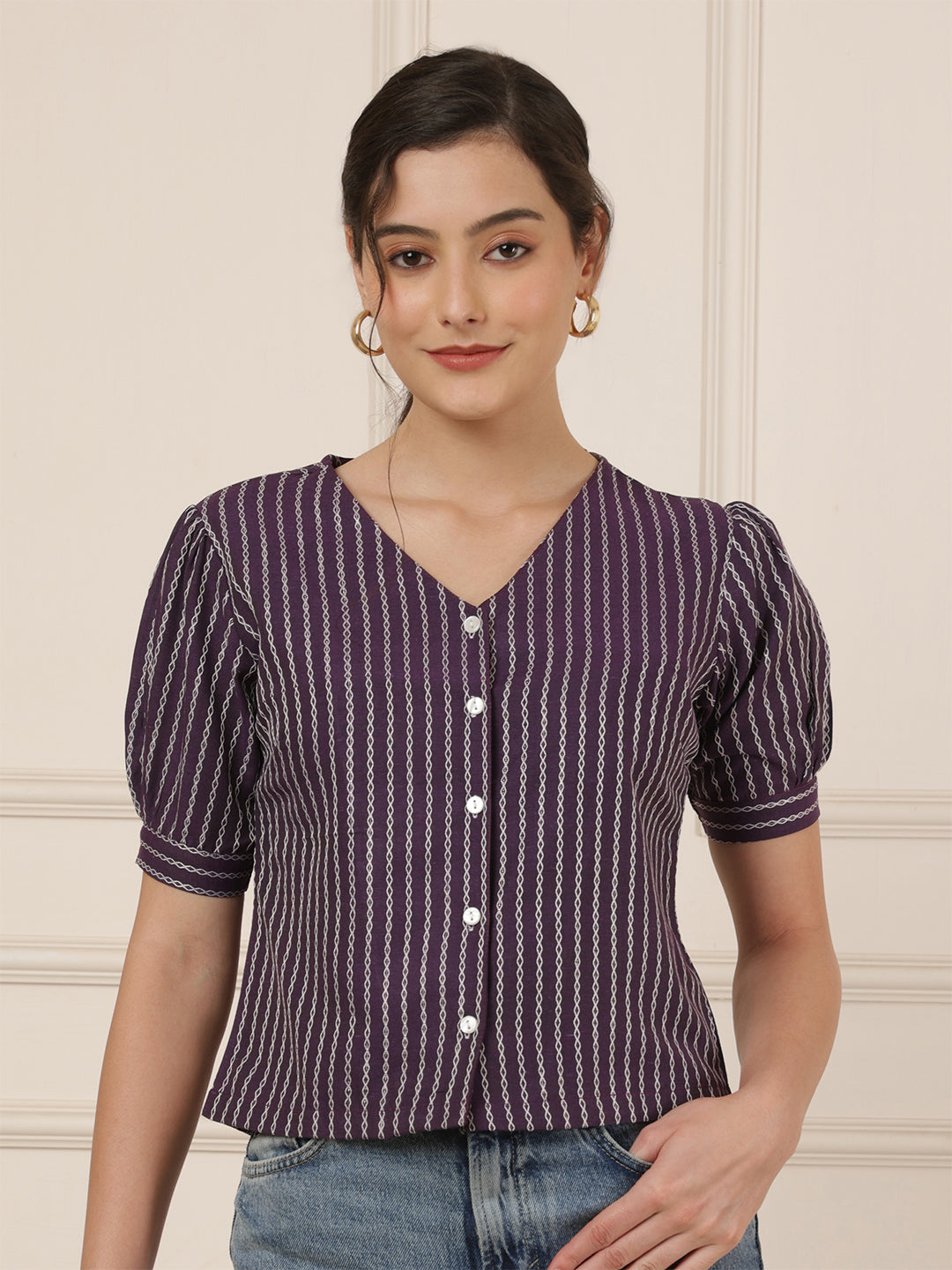 Striped Puff Sleeves Shirt Style Top