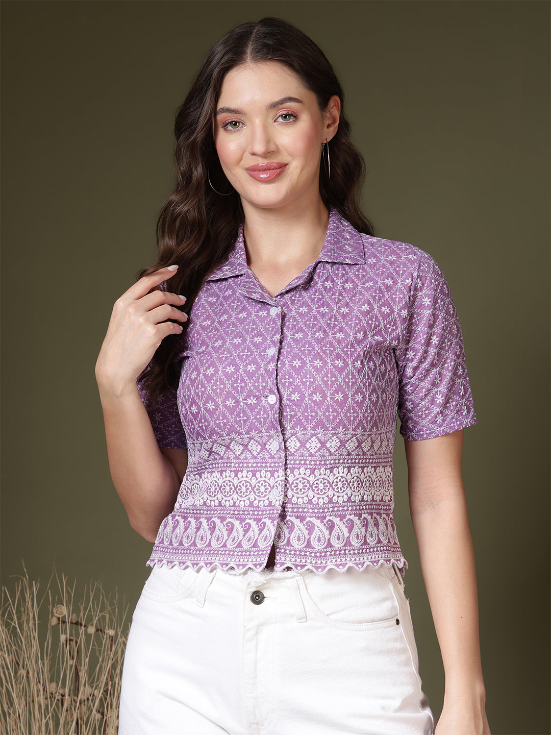 Embroidered Schiffli Shirt Style Crop Top
