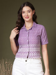 Embroidered Schiffli Shirt Style Crop Top
