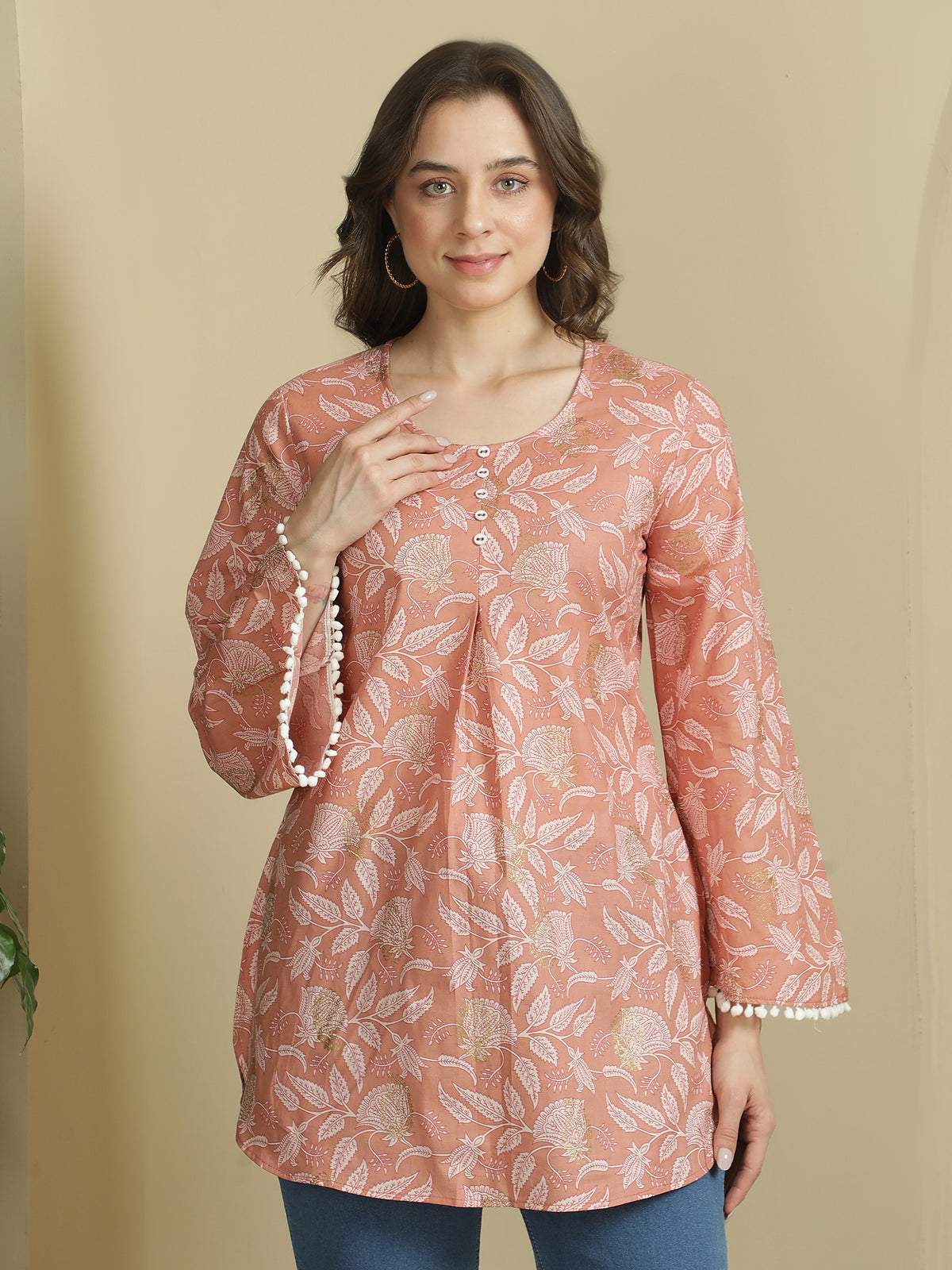 Peach Botanical Printed Flared Sleeves Pure Cotton Kurti