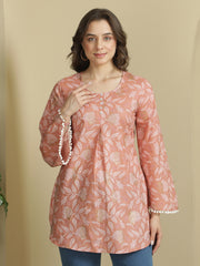 Peach Botanical Printed Flared Sleeves Pure Cotton Kurti