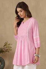 Embroidered Puff Sleeves Peplum Top ( Pink )