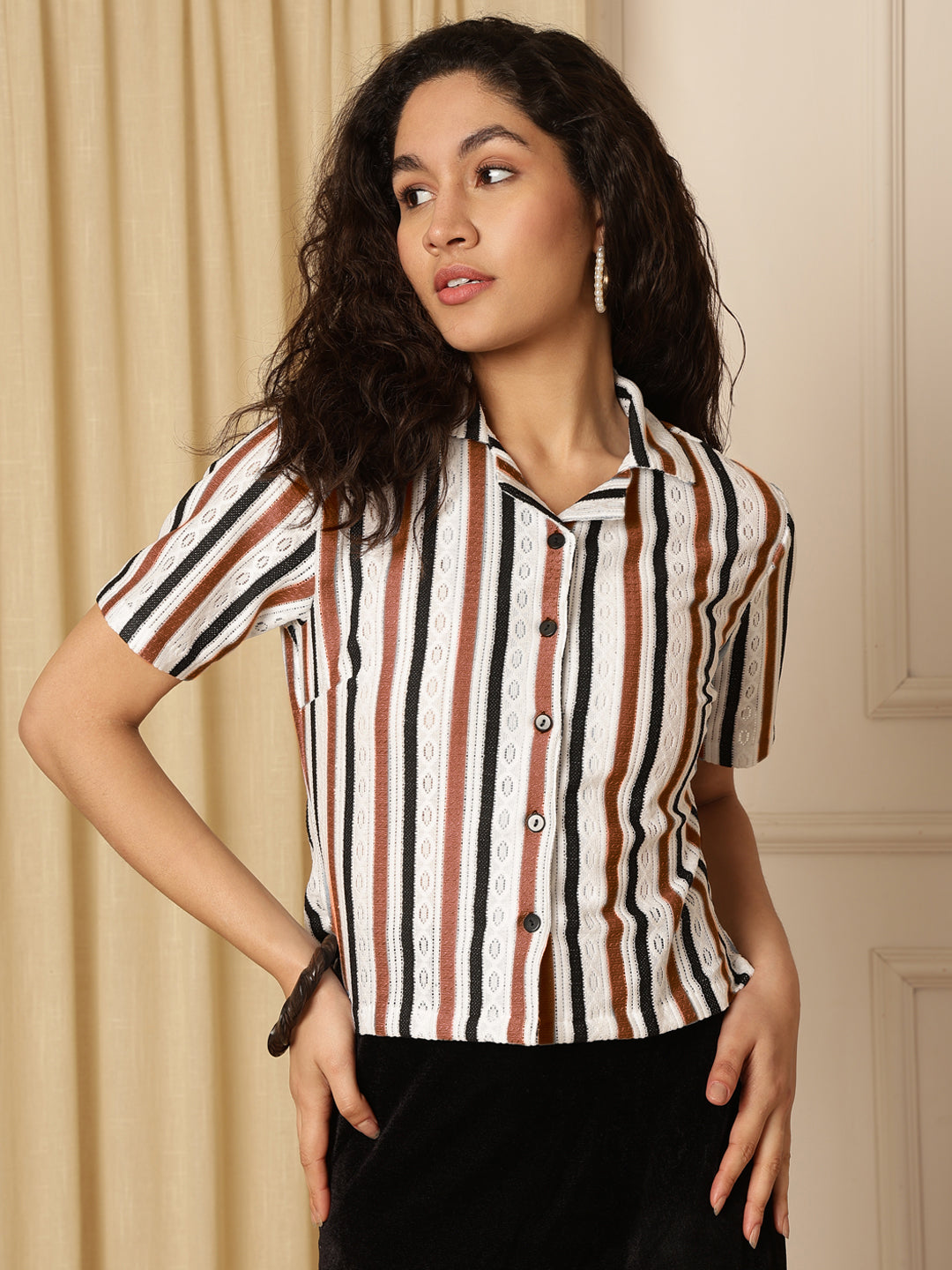 Cream Multi Brown & Black stripes Shirt Style Top