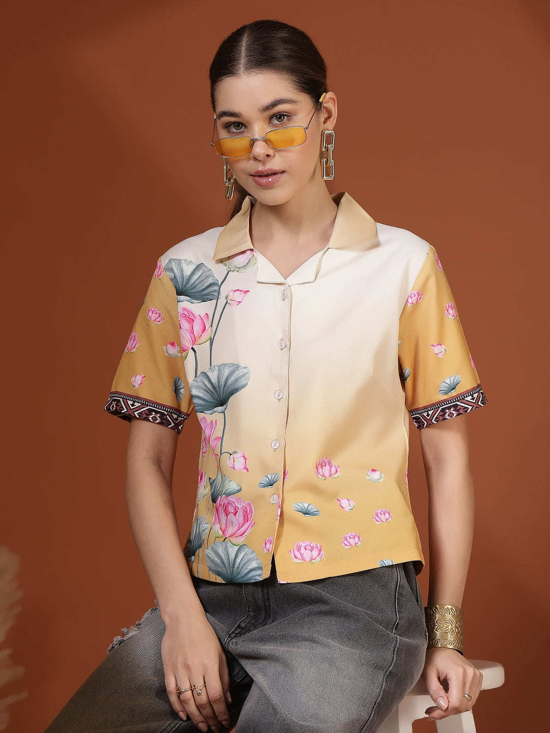 Mustard Digital Printed Spread Collar Crop Shirt
